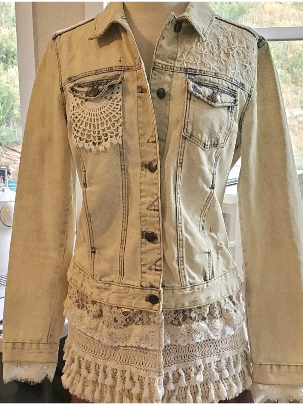 Cream Jean Jacket with Heart Crochet Back M/L